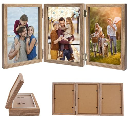 Marco Triple de Madera, 10x15 cm, Marcos de Fotos Multiples Plegable 3 Fotos con placa acrílica, Marco Plegable Collage Triple, Decoración hogareña, Escritorio Decorar, para Bodas Familia,marrón claro