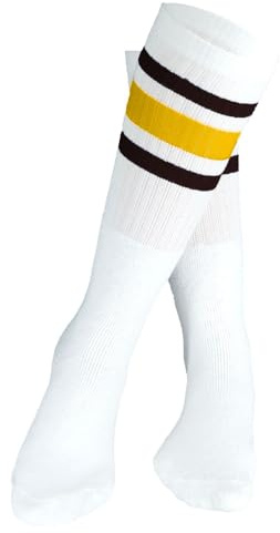 Basket Sportsocken Frottee 60cm – Lange Retro Kniestrümpfe Overknee Socken für Damen Herren Kinder – Klassische gestreifte Sport Socken, Weiß mit Streifen, Bequem & Atmungsaktiv (Rot Gelb Streifen)