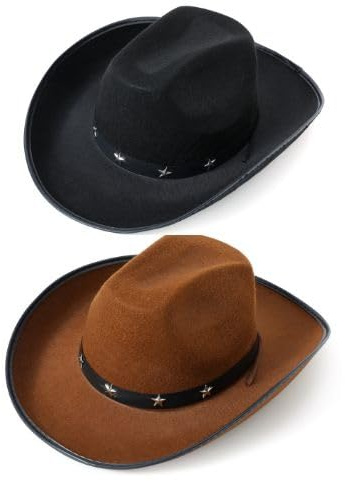 VIROSA Western Cowboy Hat Set, Black and Brown, Adjustable Fit, Lightweight Festival Costume Headwear for Men and Women, 2 Pack