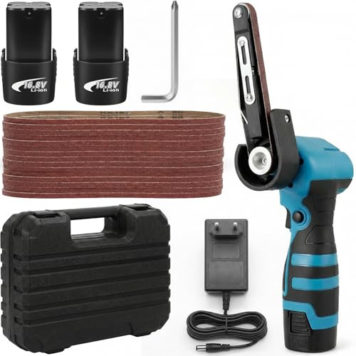 Ponceuse à bande électrique sans fil 7000 tr/min, avec 15 bandes abrasives (grains 80-1000) et 2 batteries au lithium de 16,8 V, pour le travail des métaux, le travail du bois et les surfaces courbes