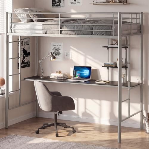 COSTWAY Metal Bunk Bed with Desk and Shelves, 2 Ladders Loft Bed Frame with Safety Guardrail, Space-Saving Bedroom Dorm Single High Sleeper Beds for Kids Teens Adults, No Box Spring Needed (Silver)