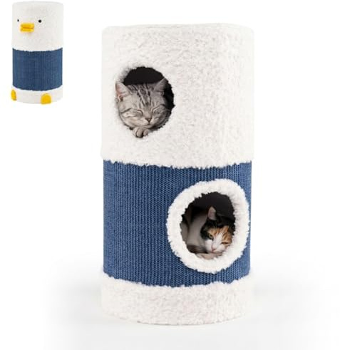 GOPLUS Tonneau à Gratter pour Chatons à 2 Niveaux 66 CM, Arbre à Chat avec Tapis à Griffer en Sisal, Tour pour Chat Moderne Stable Multiniveaux avec 2 Condos, Entrée, Forme d’Ours, Ø 35 cm (Blanc)