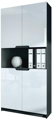 Vladon Büroschrank Logan V2, Made in Germany, Aktenschrank mit 5 Fächern und 4 Türen, Schwarz matt/Weiß Hochglanz (82 x 184 x 37 cm)