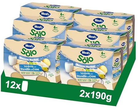 Hero Baby - Tarritos Infantiles, Buenas Noches Tarritos de Verduritas con Pescadilla a la Crema, Alimento Infantil para Bebés a Partir de los 8 Meses - 190 g (Paquete de 12)