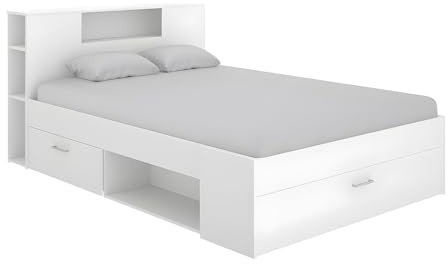 DEKIT GRUPO RIMOBEL LANKA - Cama de matrimonio con almacenaje en cabecero y bajo cama - Blanco - 95x149x218 cm