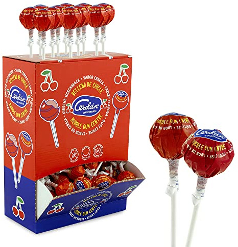 Caramelos Cerdán – Sucette Géante Fourrée au Chewing-gum | Saveur Cerise Rouge | Bonbon Dur avec Bâtonnet Sans Gluten ni Allergènes | Idéal pour Fêtes, Saint-Valentin et Anniversaires | 100 unités