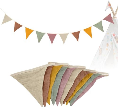 Wimpelkette Kinderzimmer,2.6M Wimpelkette Stoff Musselin,Mädchen & Jungen für Kinderzimmer Deko,Musselinstoff Girlande für Hausbett, Party, Geburtstag, Hochzeit (Morandi Beige)