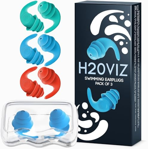 H20VIZ Pro Swim Ear Plugs | Waterproof, Reusable Silicone Earplugs for Swimming, Surfing, Snorkeling & All Water Sports (Green, Blue, Coral, 3 Pairs)