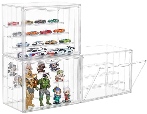 3 Pack Display Case for Collectibles 4 Layer Updated Adjustable Acrylic Display Case with Magnetic Door Clear Stackable Display Box Hobby Display Cases for Figures, Countertop