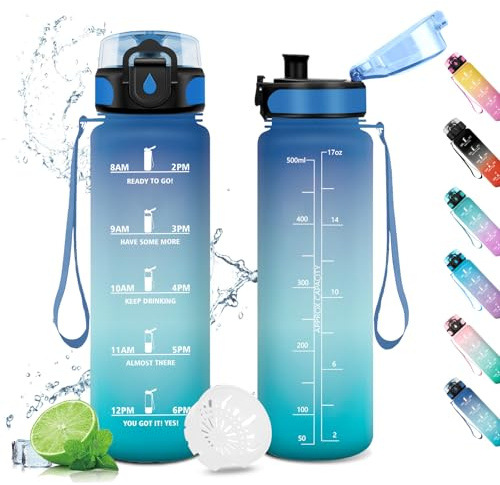Borraccia 500ml, Bottiglia con Filtro, Borraccia con Indicatore del Tempo Motivazionale, Borraccia Bambini, a Prova di Perdite, Borracce per Bambini, Sport, Palestra, Scuola, Gym, Ufficio, Yoga