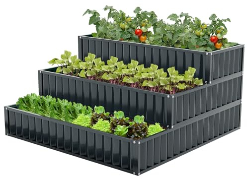 GOPLUS Cama de Jardín Elevada de 3 Niveles, Huerto Urbano de Metal para Exteriores con Base Abierta para Plantas de Raíces Profundas, Vegetales, Flores, Kit para Patio, 118 x 118 x 61 cm