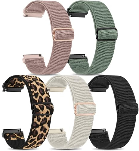 Vancle 5 Stück Uhrenarmband 20mm Damen Herren, Neues Elastische Nylon Smartwatch Armband 20mm Atmungsaktives Ersatzarmbänder Zubehör für Frauen Männer (Schwarz+Polarstern+Rosa+Olivgrün+Leopard)