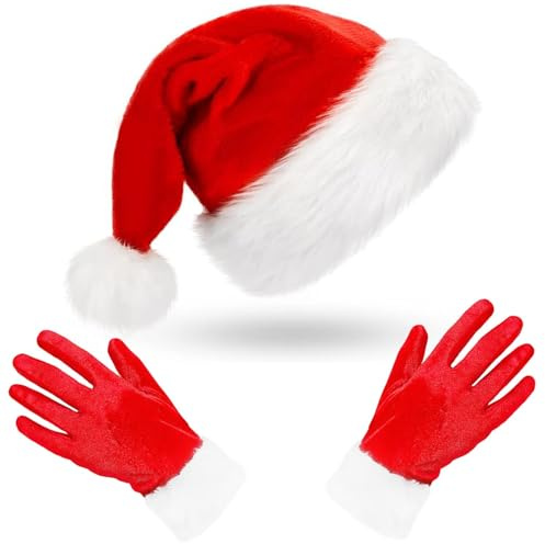 QIZHIQIAMY Cappello di Natale, Cappellino Babbo Natale, Cappello Babbo Natales Adulto, Guanti di Peluche Rosso, Guanti Natalizi Donna, Accessori Natalizi per Feste, Compleanni e Cosplay