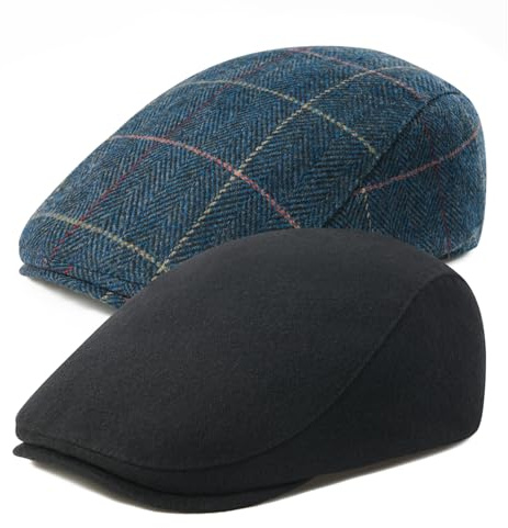 FEINION 2 Pack Men Wool Blend Gatsby Golf Flat Cap Tweed Newsboy Ivy Hat (Black/Plaid Green)
