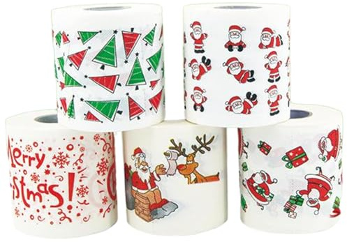 5PCS Bathroom Tissue Toilet Paper Double-Layer Toilet Paper Bulk with Amusing Christmas Prints Soft & Safe Rolls Party Favor for Bathroom Decor| Holders