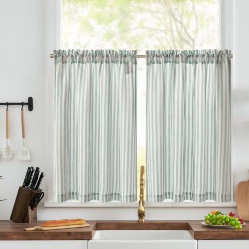 TOPICK Kitchen Curtains, Linen Look Cafe Curtains W36xL36 Light Blue Stripe | 2 Panels 36 Inch Drop Rod Pocket Small Light Filtering Privacy Curtains for Living Room, Bedroom, Cupboard Base, Sink