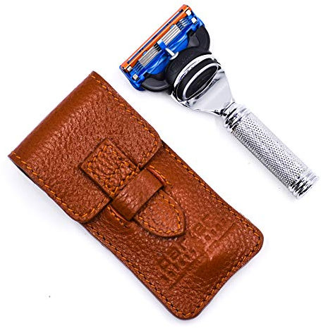 Rasoio di sicurezza Parker, rasoio da viaggio a 5 lame compatibile Gillette Fusion con lussuosa custodia in pelle da sella