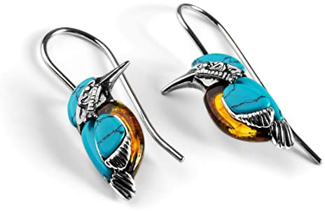 HENRYKA Bird Earrings in 925 Sterling Silver with Turquoise & Amber | Kingfisher Hypoallergenic Earrings with Presentation Box | Bird Lover Gifts | Available in Drop Hook or Stud Earring Styles