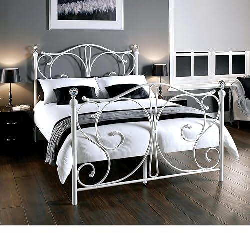 eFurniture – 4ft6 Double Metal Bed Frame with Luxurious Crystal Finials – Easy Assembly - Solid Double Metal Bed Frames with Sprung Slats – Additional Metal Support Legs