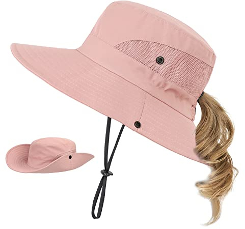 Century Star Kids Sun Hat Ponytail Girls UPF 50 Bucket Cap Summer Beach Fishing Kids Hat Wide Brim Adjustable Swim Hat Solid Pink 8-12T