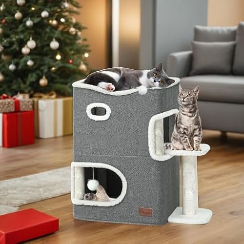 YITAHOME Cat Cave, kitten Beds for Indoor,House with Scratching Post & Ball & Platform, Bed, Basic Tree, Cute Tower, kitten Furniture,Hideaway,Condo (Grey)