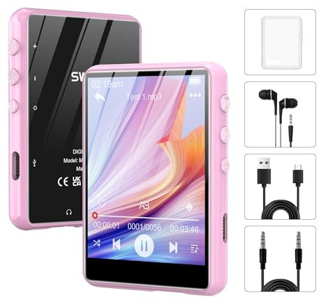 SWOFY Lecteur MP3 64Go, Lecteur MP3 Bluetooth 5.3, 2,4 Pouces Écran Tactile Lecteur Musique HiFi Portable, Baladeur MP3 Enfant avec Casque Haut Parleur Intégré, Carte SD Jusqu'à 128 Go (Rosa)