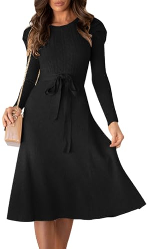IBAKOM Femmes Automne Pull Robe Hiver Skinny Tricot Manches Longues Lacets Volants Midi Robe A - Type Robe D�contract�e Noir M