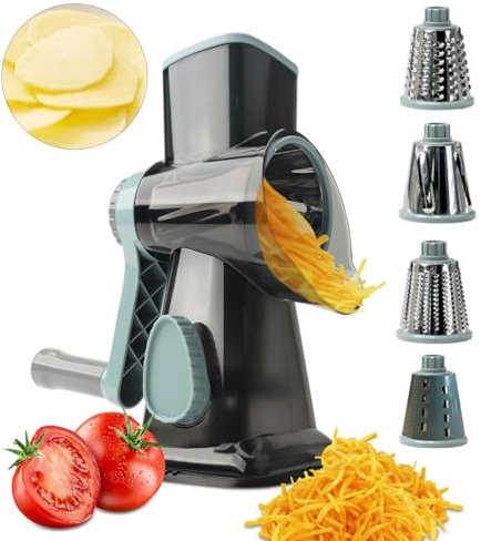 Rotierende Käsereibe mit Griff,Gemüseschneider Käsescheibe Reibe für Küche,4 Edelstahl Austauschbaren Trommelklingen,Manuelle Trommelreibe für Käse Kartoffel Zucchini Nüsse Schokolade,Transparent Blau