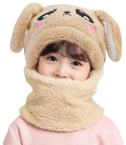 AYPOW Barn vinter termisk fleece hatt balaclava för 1–8 år gammal, djurmössa nyhet multifunktionell vindtät varm huva halsvärmare för pojkar flickor nyfödda utomhusaktiviteter, Kanin vit khaki, M