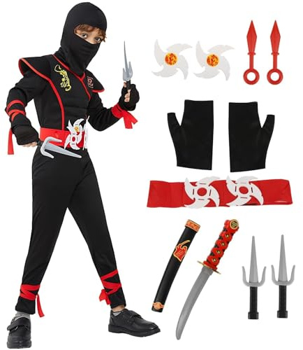 Kitimi Déguisement Ninja pour Enfants Garçons, Noir Rouge, Ensemble de Ninja Costume avec Fléchettes Gants Dagues Épée Courte, Cosplay Ensemble pour Halloween Fête de Kung Fu Carnaval Noël Party