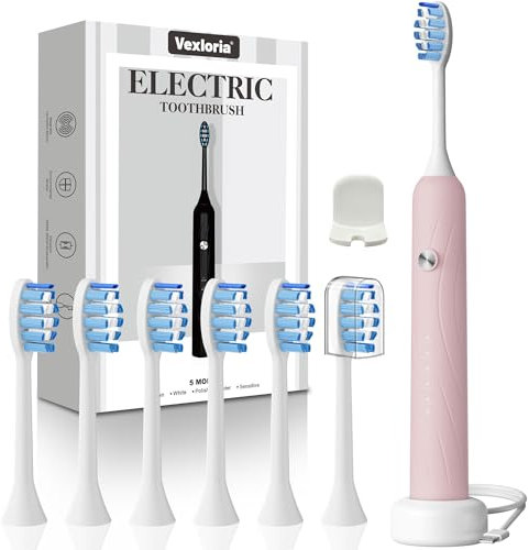 Vexloria Elektrische Zahnbürste, Schallzahnbürste, Zahnbürste Elektrisch mit 6 Bürstenköpfe, 5 Putzmodi, Timer und USB Ladestation, IPX7 Electric Toothbrush, 38000VPM Rosa