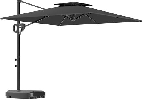 Outsunny Parasol déporté carré 2,5 x 2,5 m, parasol de jardin extérieur avec manivelle, 2 bases incluses, toile polyester 200 g/m², double toit, 8 baleines, gris foncé