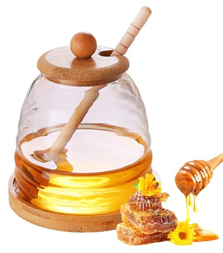 Afenau Honigtopf, 500ML Honigglas mit Honiglöffel Holz und Deckel, Honiglöffel Glas, Honey Pot, Honig Glas, Versiegelter Glasbehälter, Honigspender für die Küche zu Hause