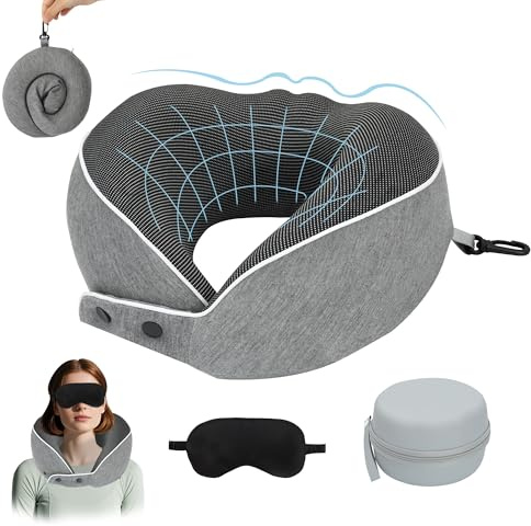 Chumix Almohada de Viaje para Cuello, Almohada Cervical para Oficina Avión Tren Coche Viajando, Plegable con MáScara 3D y Estuche, Cojin Cervical Viaje con Gancho para Facilitar el Viaje(Gris ahumado)
