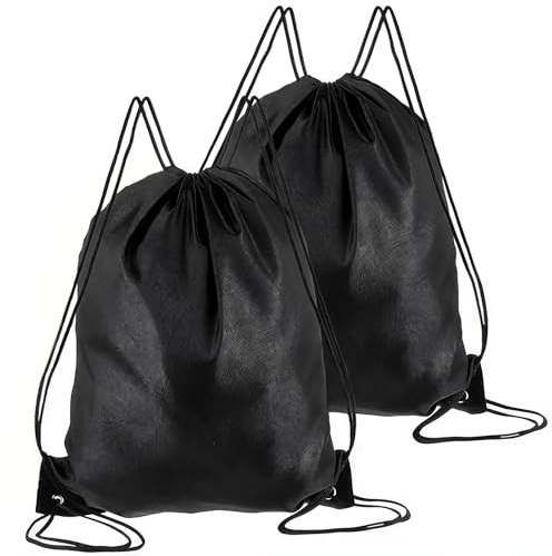 BNPHSIN 2PCS Drawstring Bags, Waterproof Black Drawstring Gym Bag for Men Women, PE Bags Drawstring Sports Swimming Bag for School, Travel, Beach, Fitness