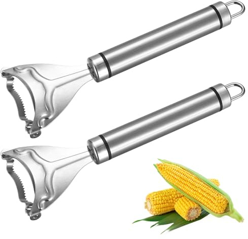 Paquete de 2 peladores de maíz de acero inoxidable para cocina, pelador mágico de maíz y herramienta para quitar mazorcas, pelador ergonómico de granos de maíz con mango antideslizante, cortador y