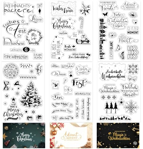 ROEOWENE 6pcs Silikonstempel Weihnachten Deutsch Transparente Silikonstempel Winter Clear Stamps Christmas Sprüche Glückwunsch Stempel Frohe Weihnachten Schriftzug für DIY Karte,Scrapbooking,Journal