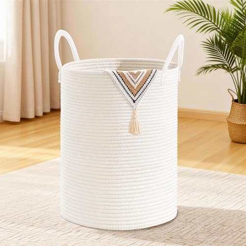MYHOMMATTO Cesto Portabiancheria in Corda di Cotone Intrecciata 38x50cm - Cesto di Raccoglimento Pieghevole con Manico - Per Biancheria e Coperte - 58L Bianco