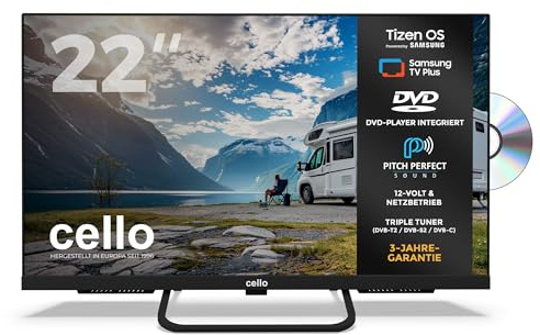 Cello CTRAV-22TZF TV Smart LED 22 12V con DVD, Tizen OS de Samsung, Gaming Hub, Altavoces Pitch, Bluetooth, Triple Sintonizador, Ideal para autocaravanas y Camping