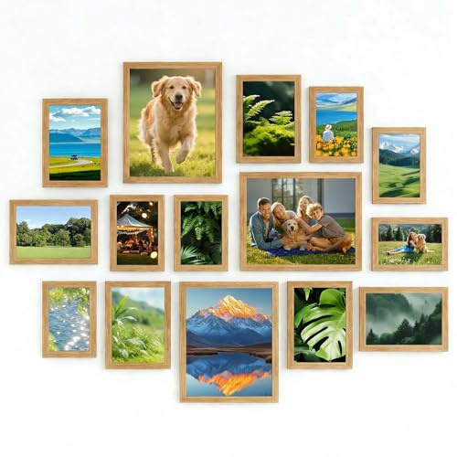 Ensemble de 15 cadres photo en chêne clair, lot de cadres photo collage multi-tailles comprenant 10 x 15 cm, 13 x 18 cm, 20 x 25 cm pour affichage mural et sur table, ensemble de cadres photo en bois