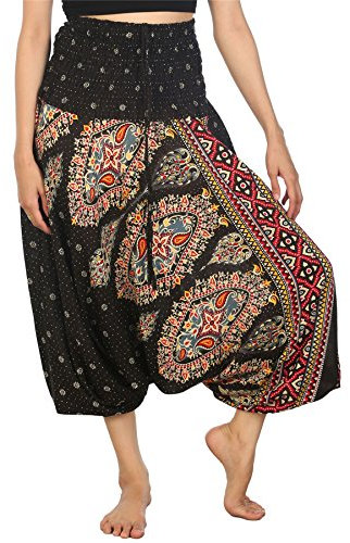 Lofbaz Women's Thai Floral Harem 2 in 1 Pants Jumpsuit Black 2XL