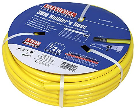Faithfull Heavy-Duty Reinforced PVC Builders Hose 30M (98ft) 12.5mm (1/2in) Diameter – 24 Braid Fibre Mesh, Kink & Twist Resistant Hose Pipe