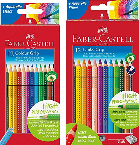 Faber-Castell - Buntstifte Colour Grip, 12er Kartonetui + 12er Kartonetui Jumbo Grip Buntstifte