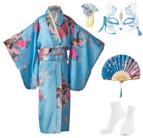 KRUIHAN Kimono Enfant Deguisement Japonaise Fille Robe Japonaise pour la Fête et le Spectacle,Satin Cosplay Anime avec Eventail Pliant,Chaussettes Tabi,Masque de Renard et Epingle à Cheveux,Bleu,150