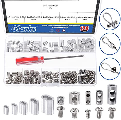 Glarks 121 Stück Edelstahl-Drahtseil-Clip-Klemme und Aluminium-Crimpschlaufen-Hülsen-Sortimentskit, Einzel-/Doppelloch-Drahtseil-Verriegelungsclip mit Endschraubenstopper, Kabelhülse