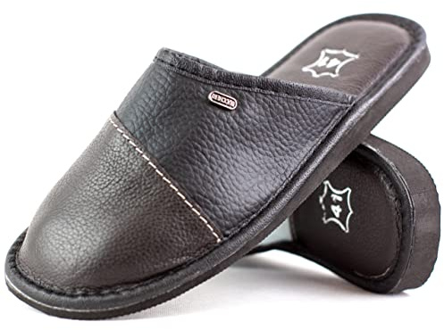 HEYO Pantoufles en cuir pour homme Pantoufles en cuir véritable pour homme, Noir , 43 EU