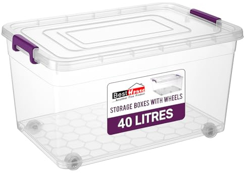 BH | 40L - Plastic Storage Box Bins with Lids and Wheels | Pack of 1 | Heavy Duty, Stackable Clear Boxes Use for Home, office, Kitchen, Toys and Goods (40 Litres) - By BEST HOUSE
