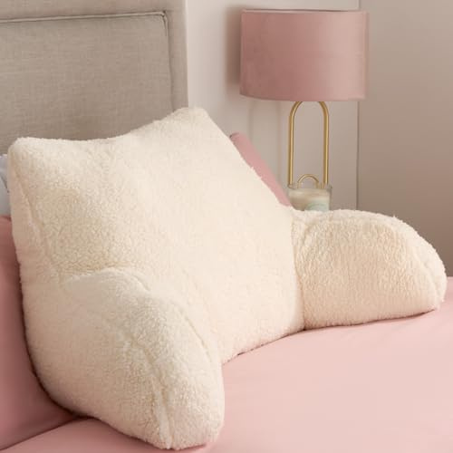 OHS Reading Pillow Teddy Fleece Cream, Cuddle Cushion for Adults Super Soft Cosy Back Support Cushion with Arms Comfy Back Pillow for Bed Relaxing comfy