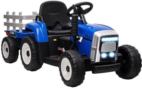 HOMCOM Eltraktor med Släpvagn, Åktraktor för Barn med Fjärrkontroll, Elbil för Barn med MP3-funktion, Barnfordon med Strålkastare, 3–6 KM/H