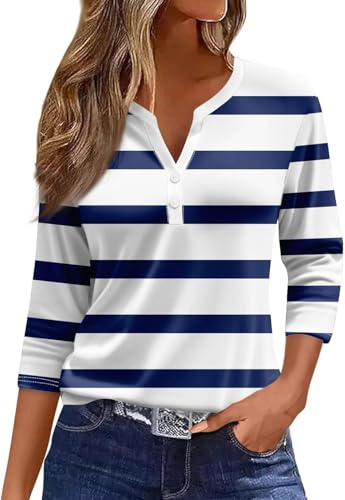 Arevill T-shirt à manches 3/4 pour femme - Rayé - Col en V - Décontracté - Rayures Henley, Bleu marine et blanc, L